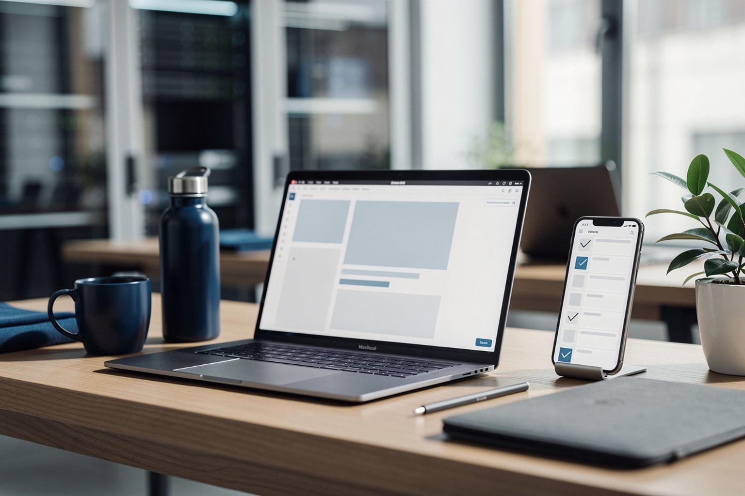 Laptop mit Bearbeitungsansicht, daneben Smartphone mit Checkliste