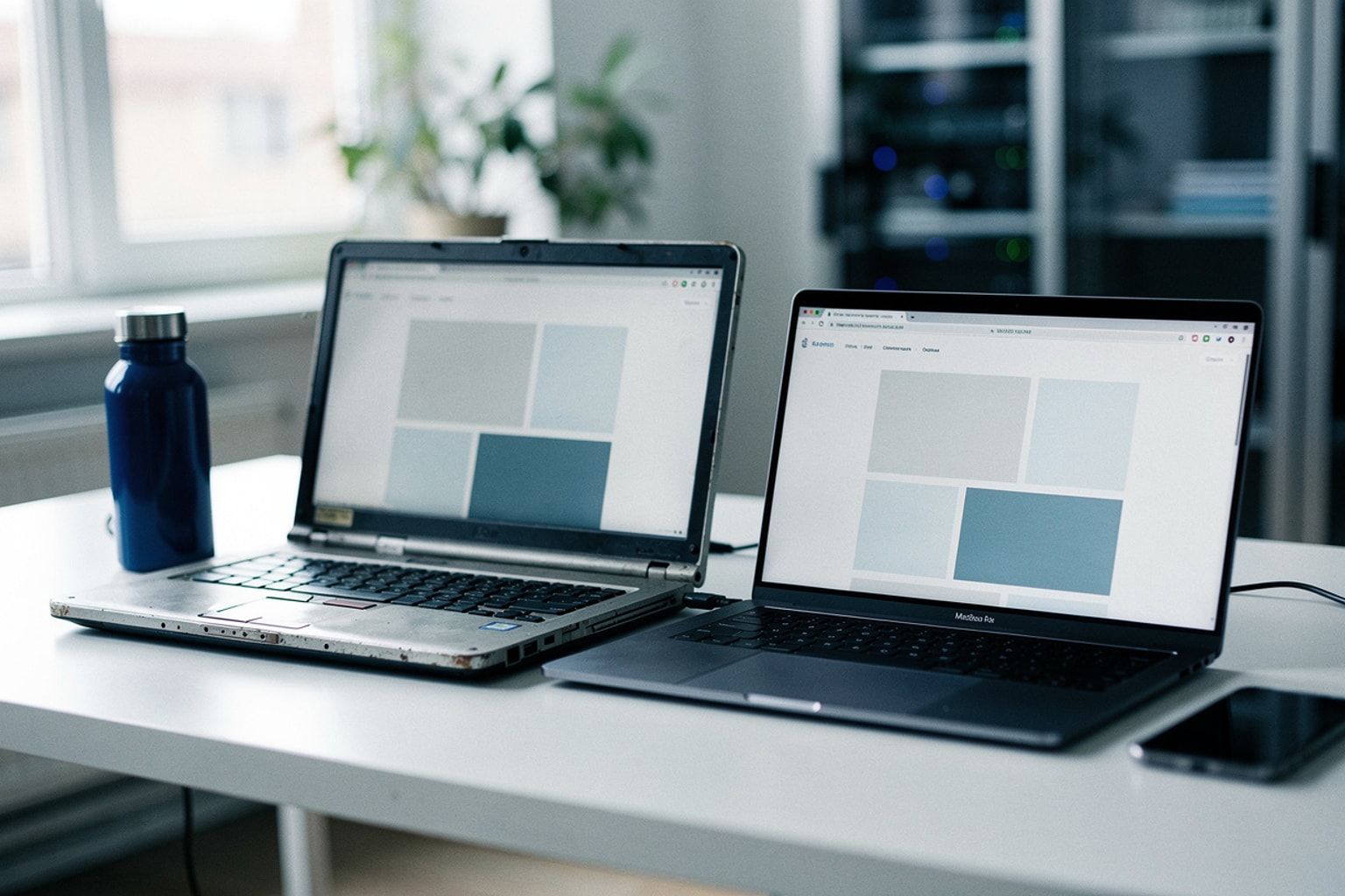 Älterer Laptop neben schlankem neuen Laptop, beide mit Website-Layouts