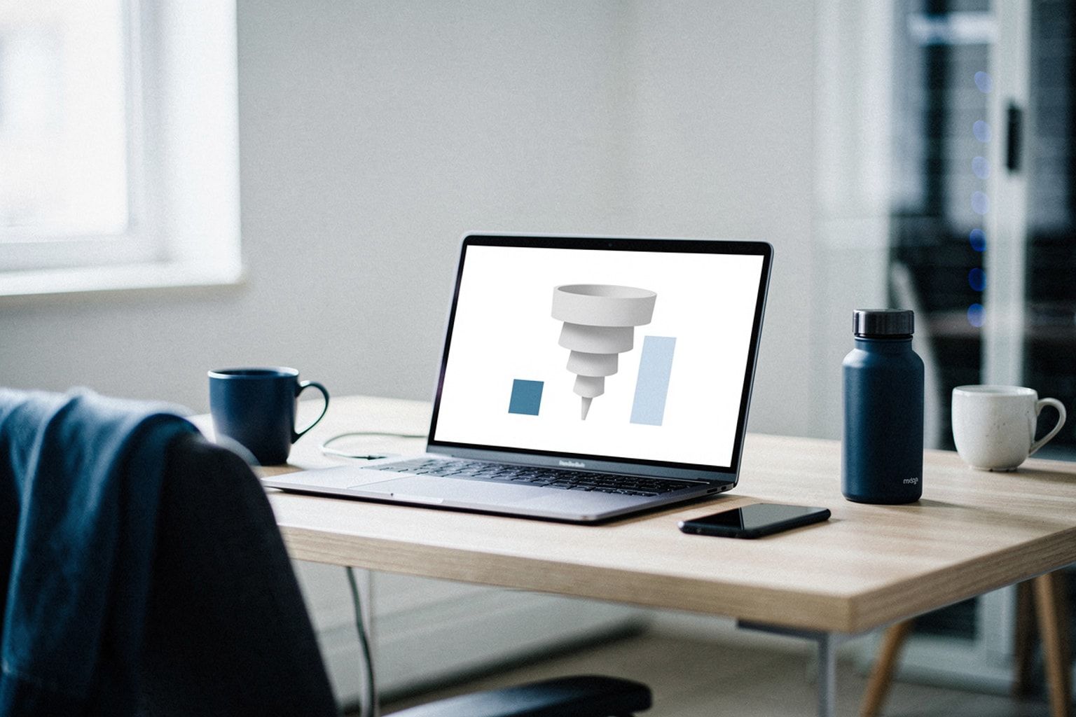 Laptop mit Analytics-Dashboard aus Balkendiagrammen und Funnel