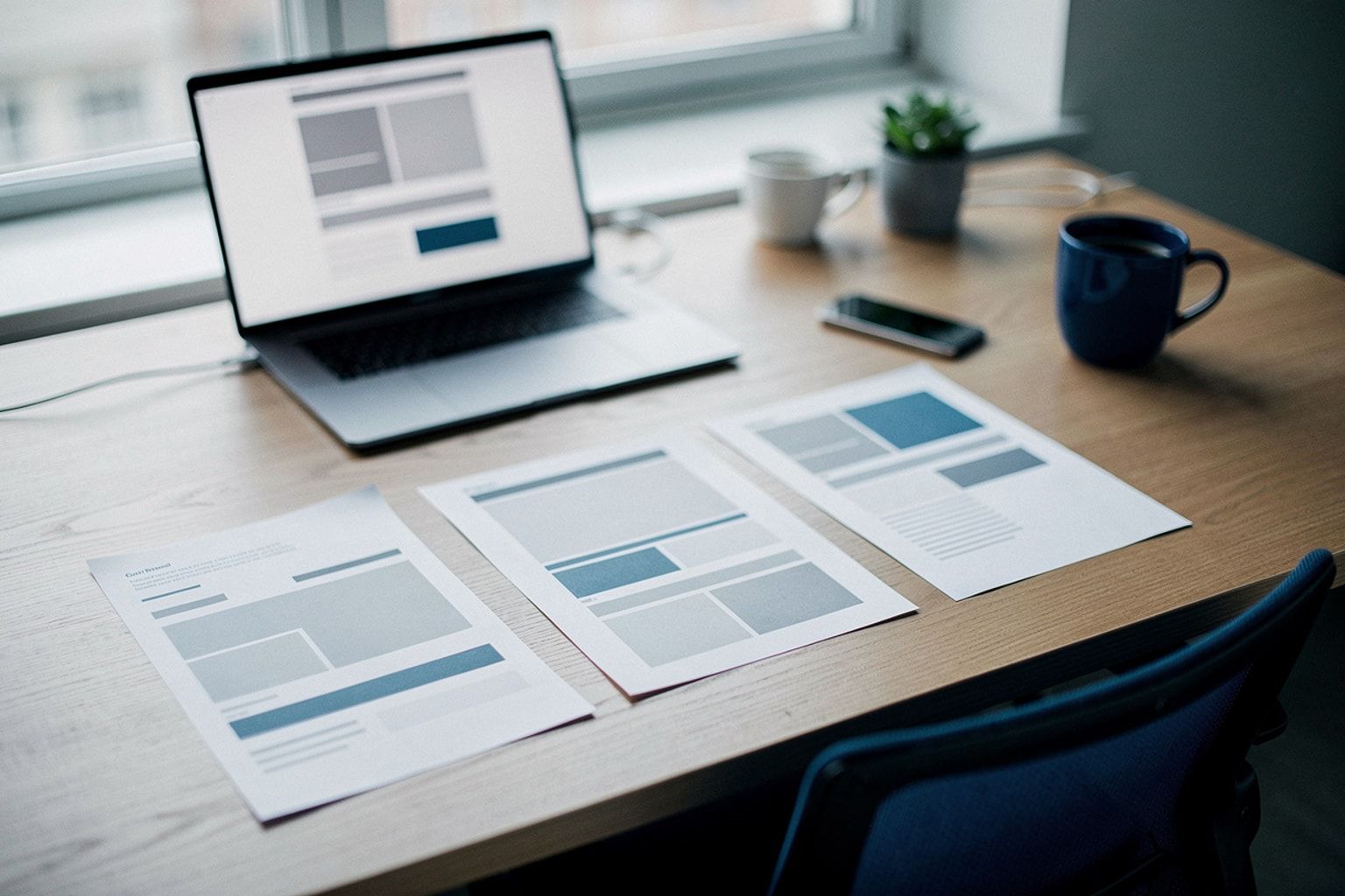 Drei ausgedruckte Website-Layouts nebeneinander zum Vergleich