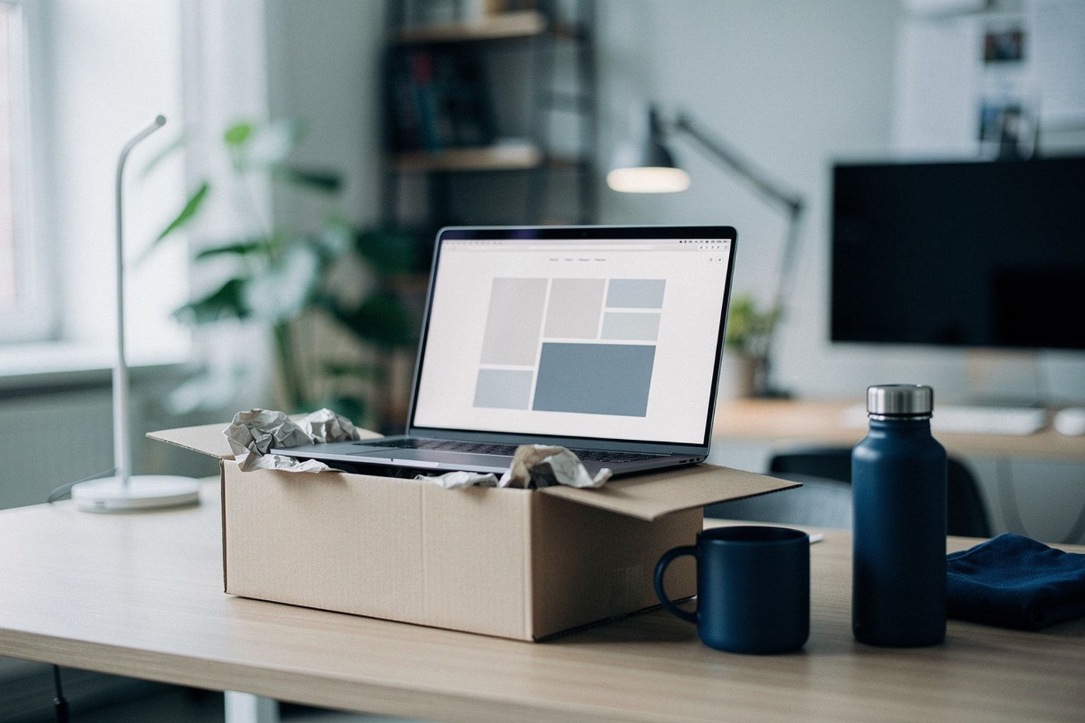Laptop mit Website-Layout steht in einem Umzugskarton mit Packpapier auf dem Schreibtisch